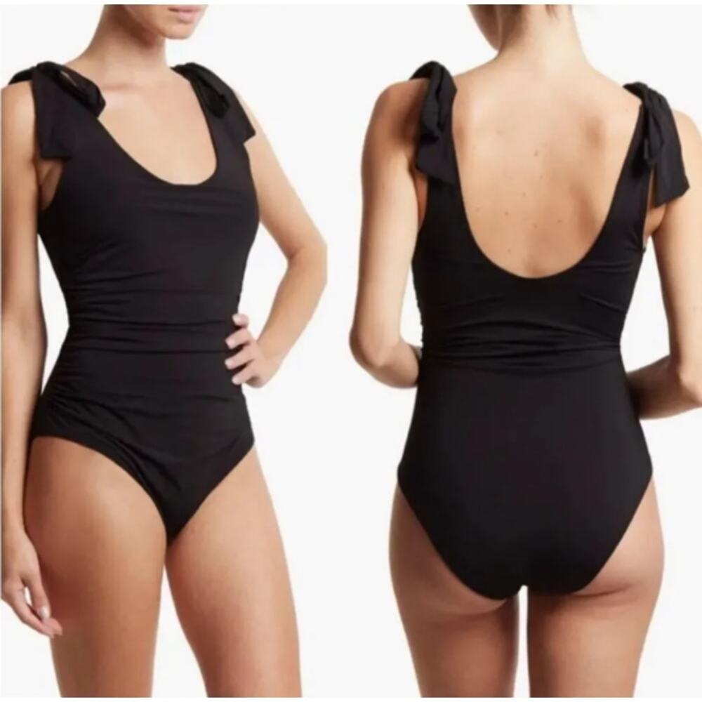 Hanky Panky Ruched Bow One Piece Swimsuit Black L Open Back Euro Summer Resort